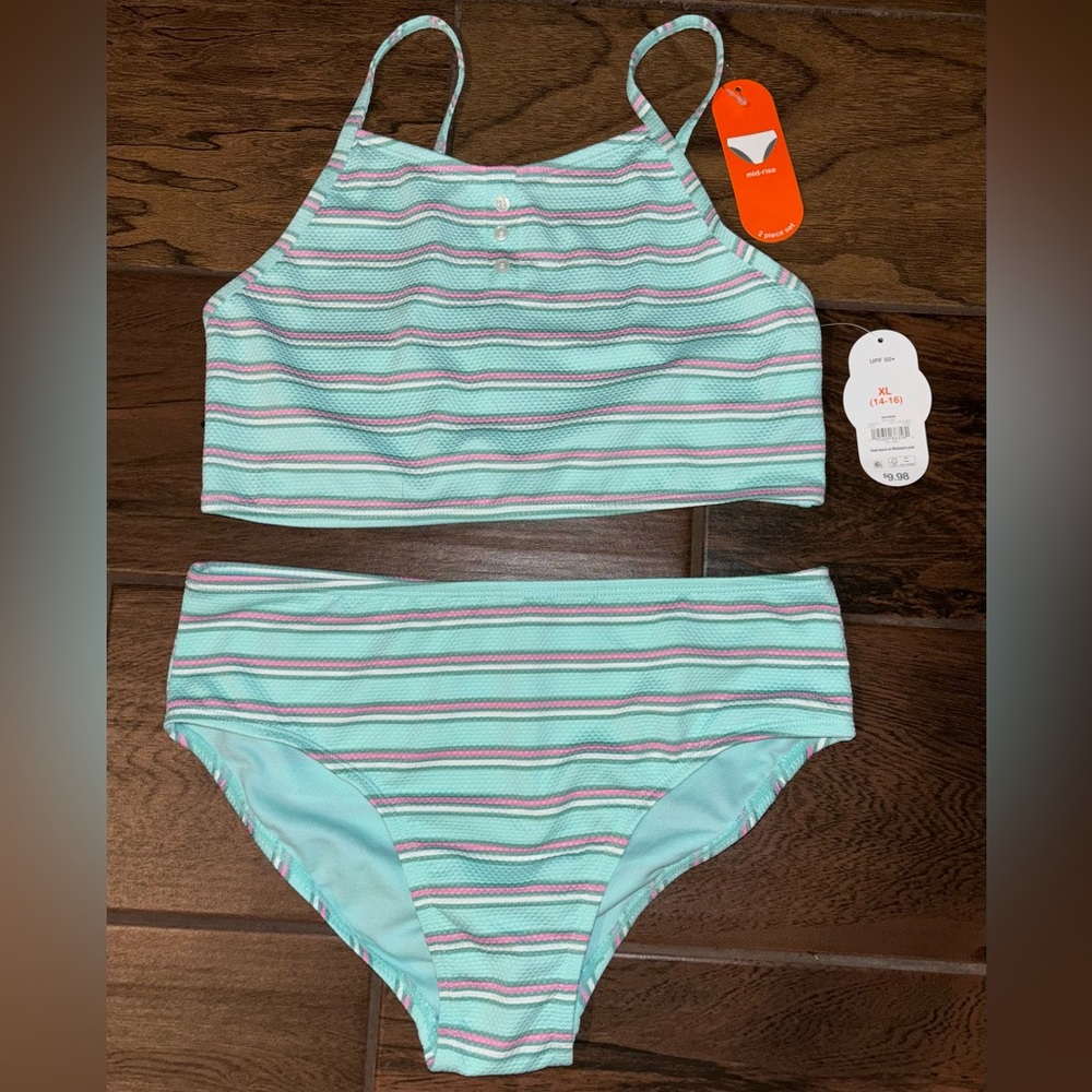 Brand NWT Girls Two Piece Bathing Suit, XL (14/16)
